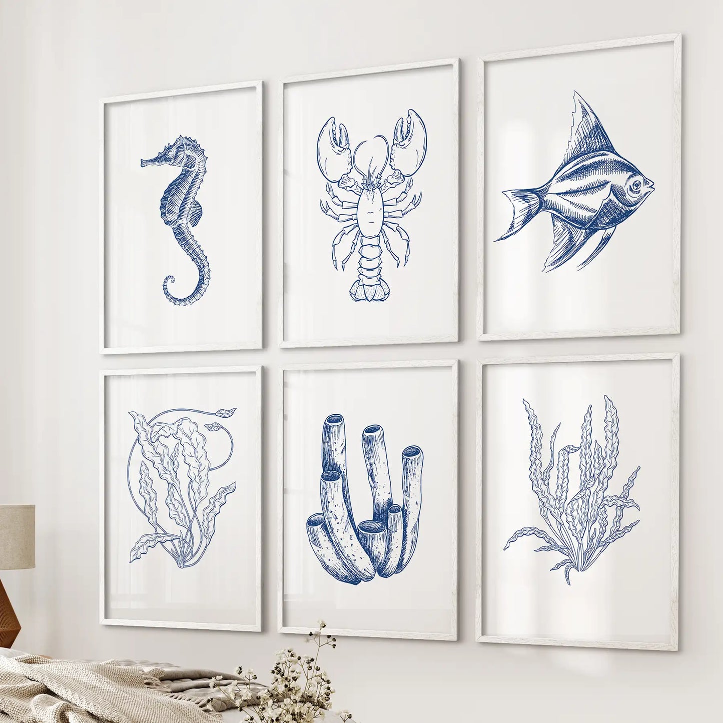 Set of 6 Nautical Prints. Fish, Lobster, Seahorse, Seaweed