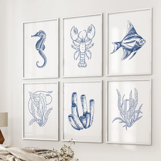 Set of 6 Nautical Prints. Fish, Lobster, Seahorse, Seaweed