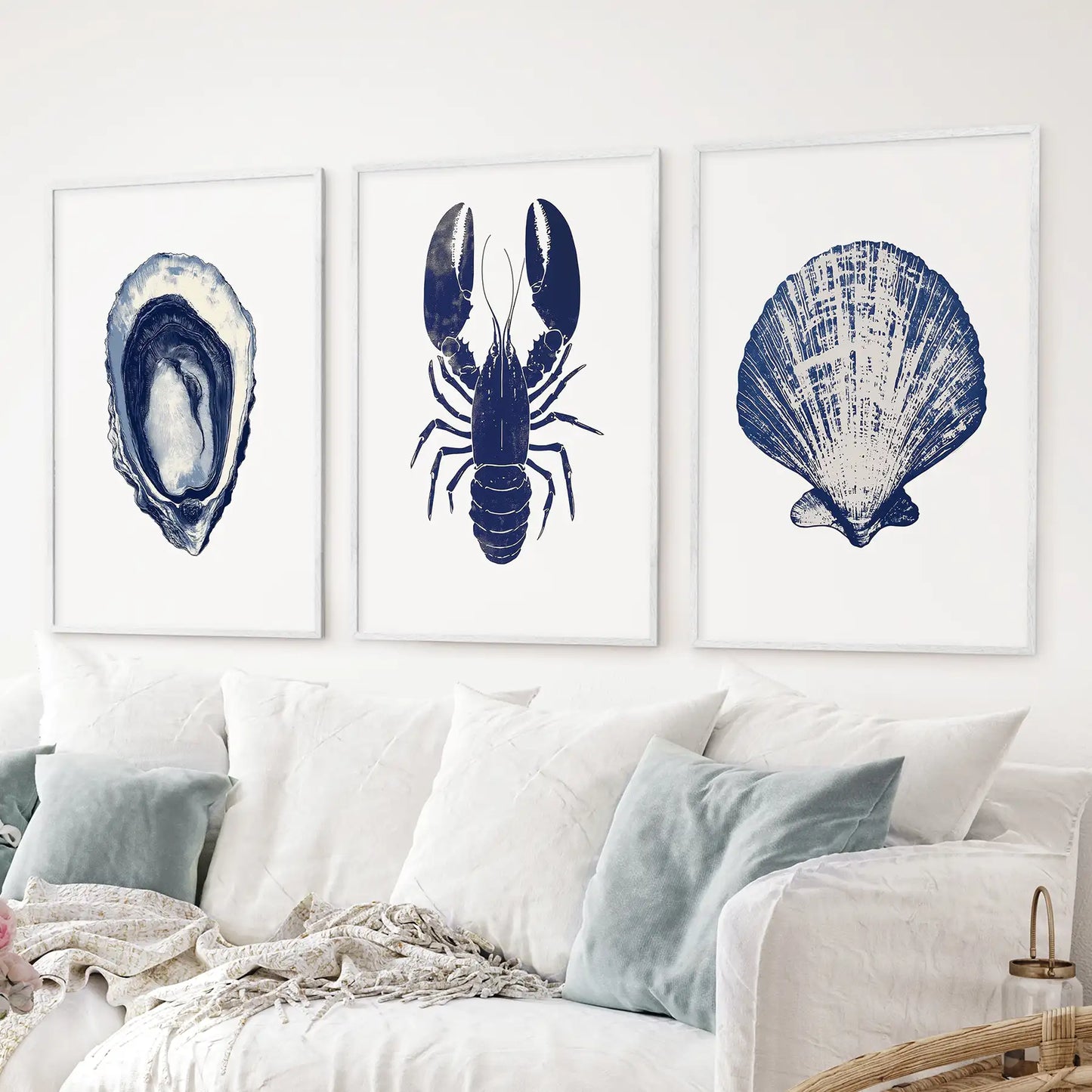 Lobster, Shell Nautical Prints.Coastal Set of 3 Piece