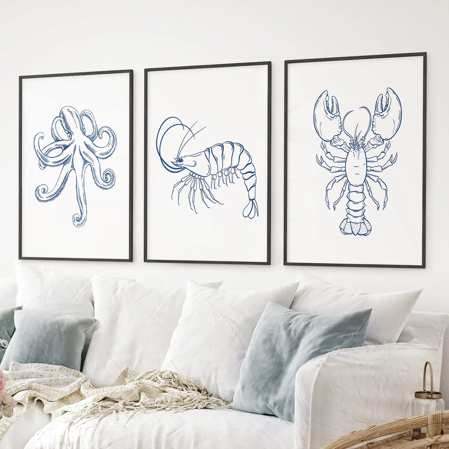 Octopus, Lobster, Crayfish Wall Art. Trendy Set of 3 Prints