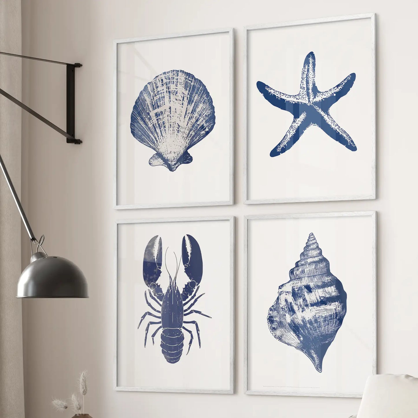 Set of 4 Art Prints. Starfish, Lobster, Seashell
