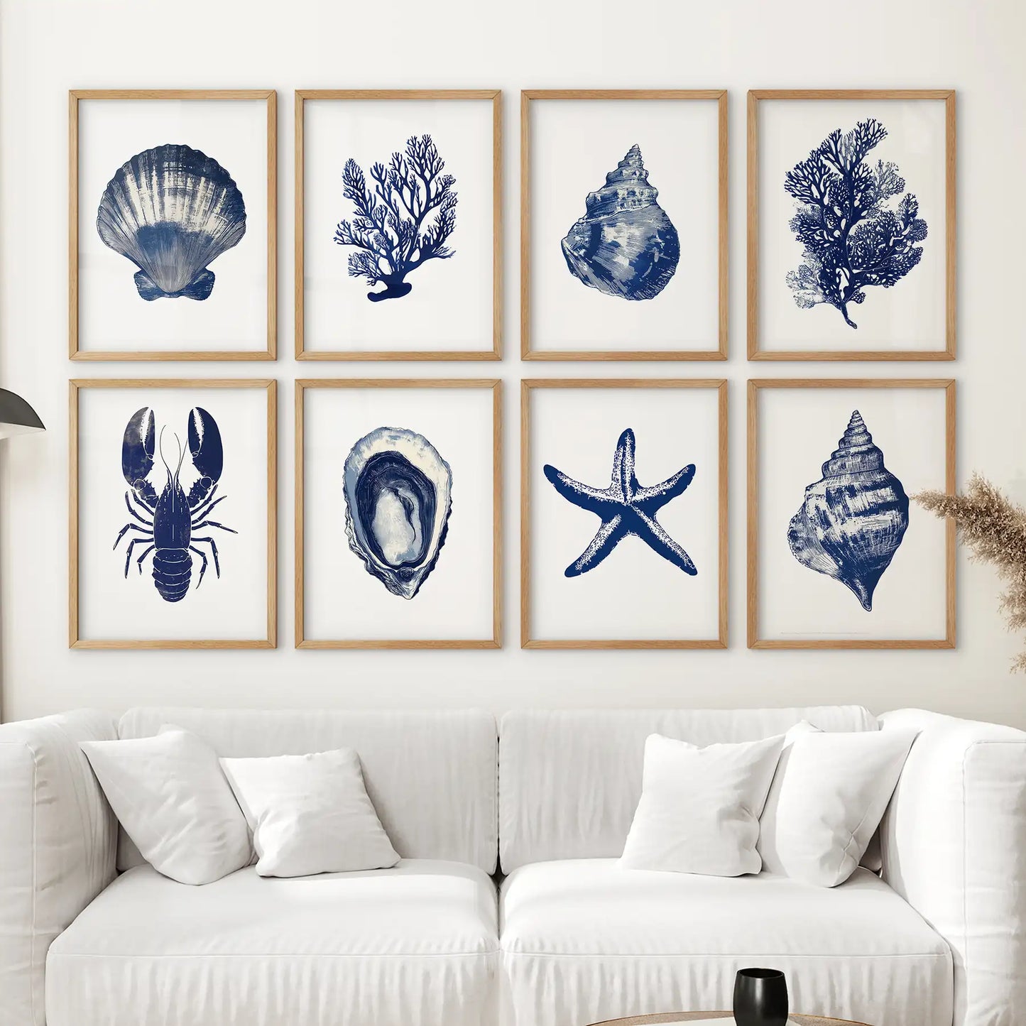Set of 8 Nautical Prints. Starfish, Shell, Seaweed, Lobster