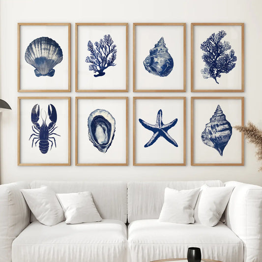 Set of 8 Nautical Prints. Starfish, Shell, Seaweed, Lobster