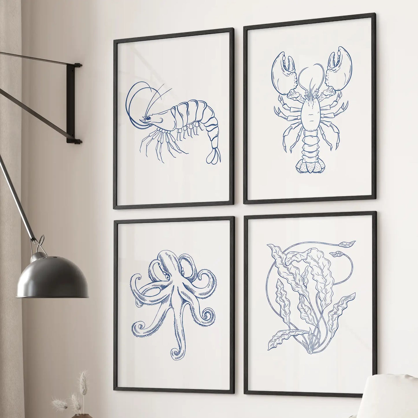 Sealife Line Art Set of 4 Prints. Lobster, Seaweed, Octopus