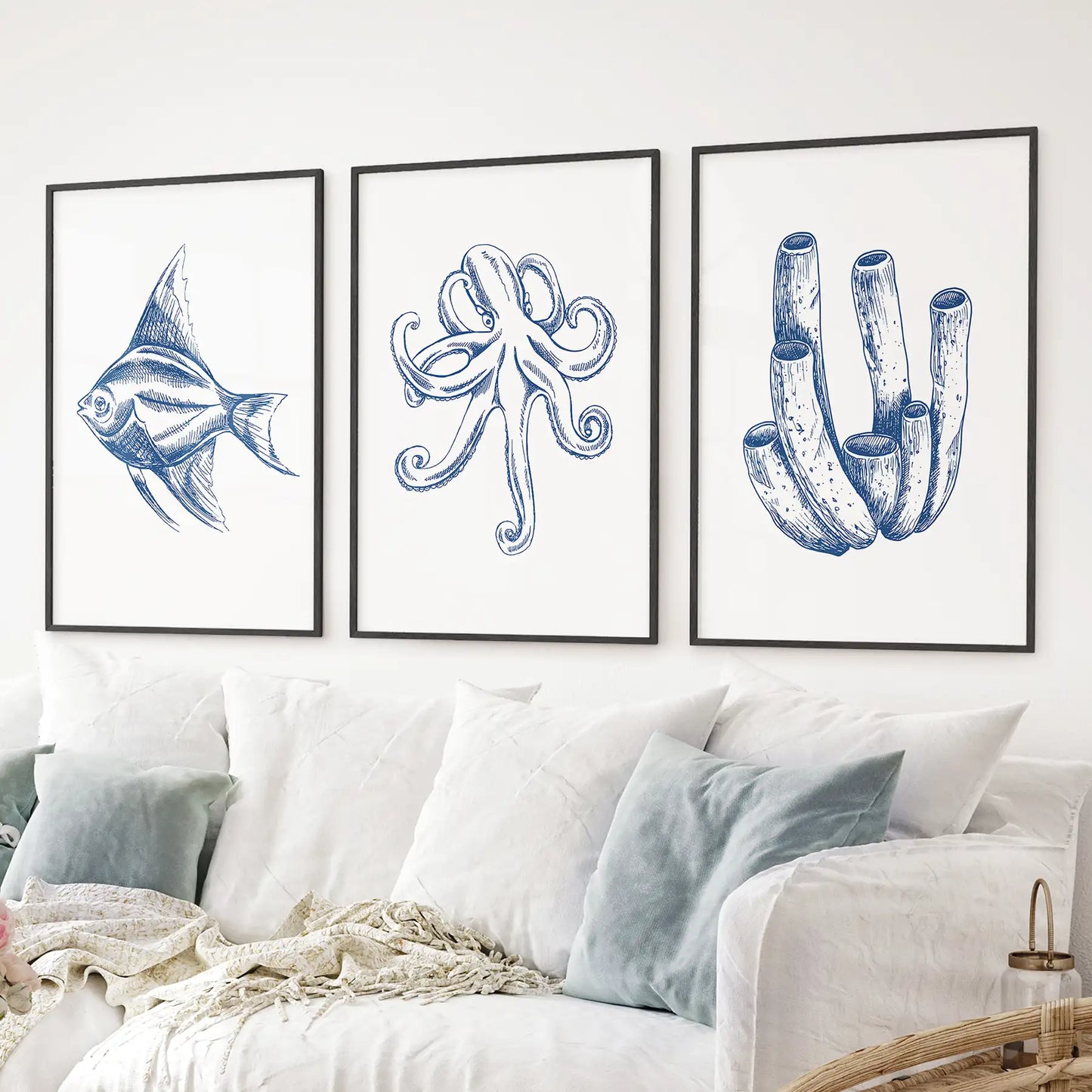 3 Piece Marine Themed Wall Art Set. Octopus, Fish, Coral