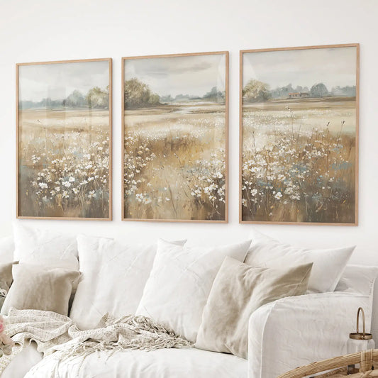 Neutral Floral Field Art Set of 3. Rustic Landscape