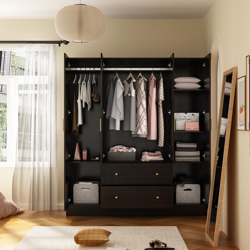 FUFU&GAGA Wardrobe Armoire with Mirror, 5-Tier Shelves, 2 Drawers, 2 Hanging Rods and 4 Doors, Wooden Closet Storage Cabinet for Bedroom