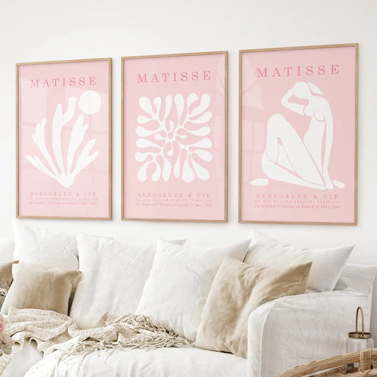 Pink Matisse Cutouts Wall Art. Minimalist Set of 3 Posters
