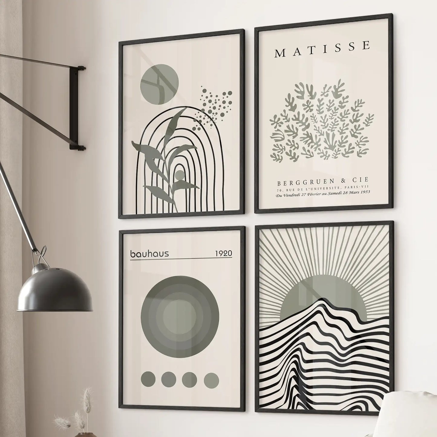 Modern Sage Green Wall Art. Set of 4 Bauhaus and Matisse-Inspired Prints