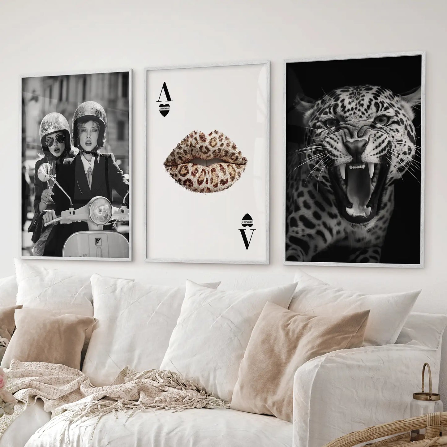 Black White Fashion Set of 3 Prints. Leopard, Lips, Scooter