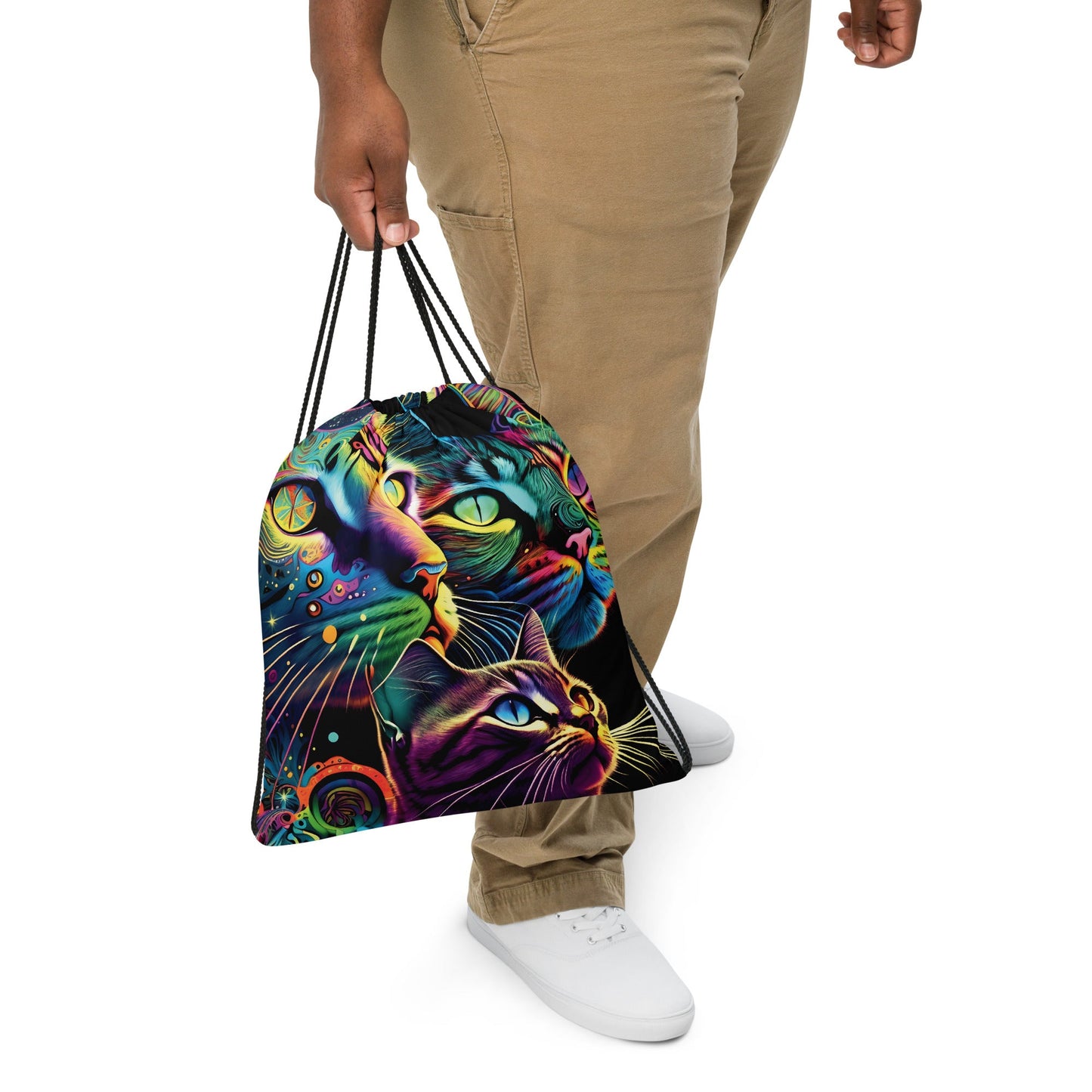 Neon Trippy Cat Drawstring Bag for Festivals