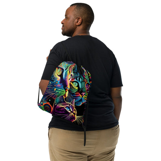 Neon Trippy Cat Drawstring Bag for Festivals