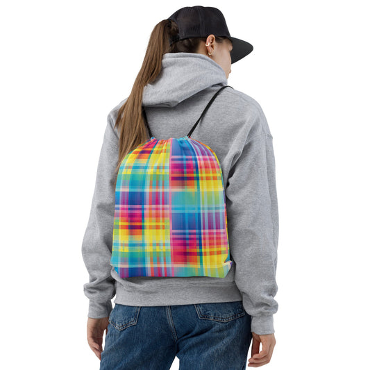 Vibrant Neon Plaid Drawstring Bag for Festivals