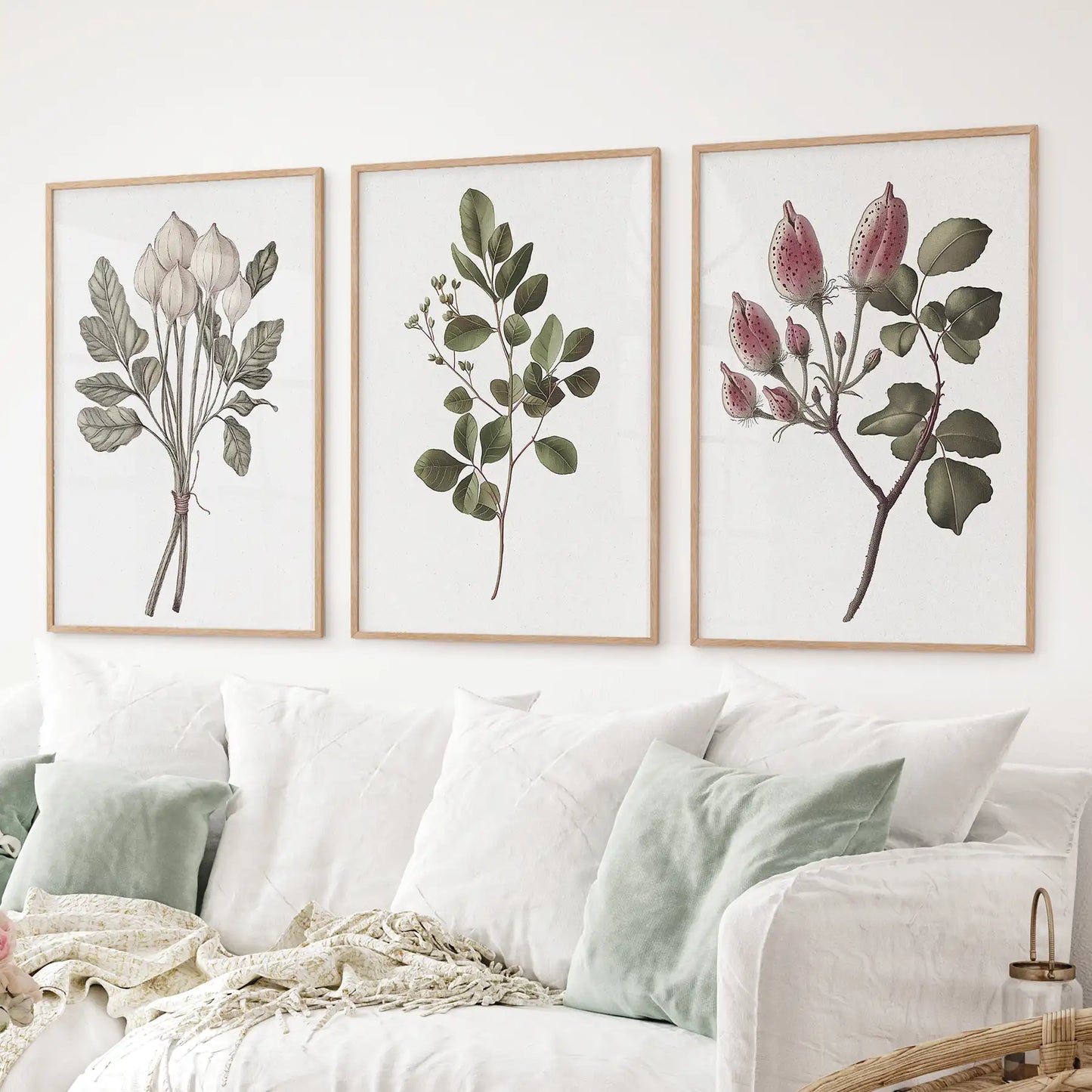Rustic Botanical Print Set of 3. Vintage Flowers Wall Art