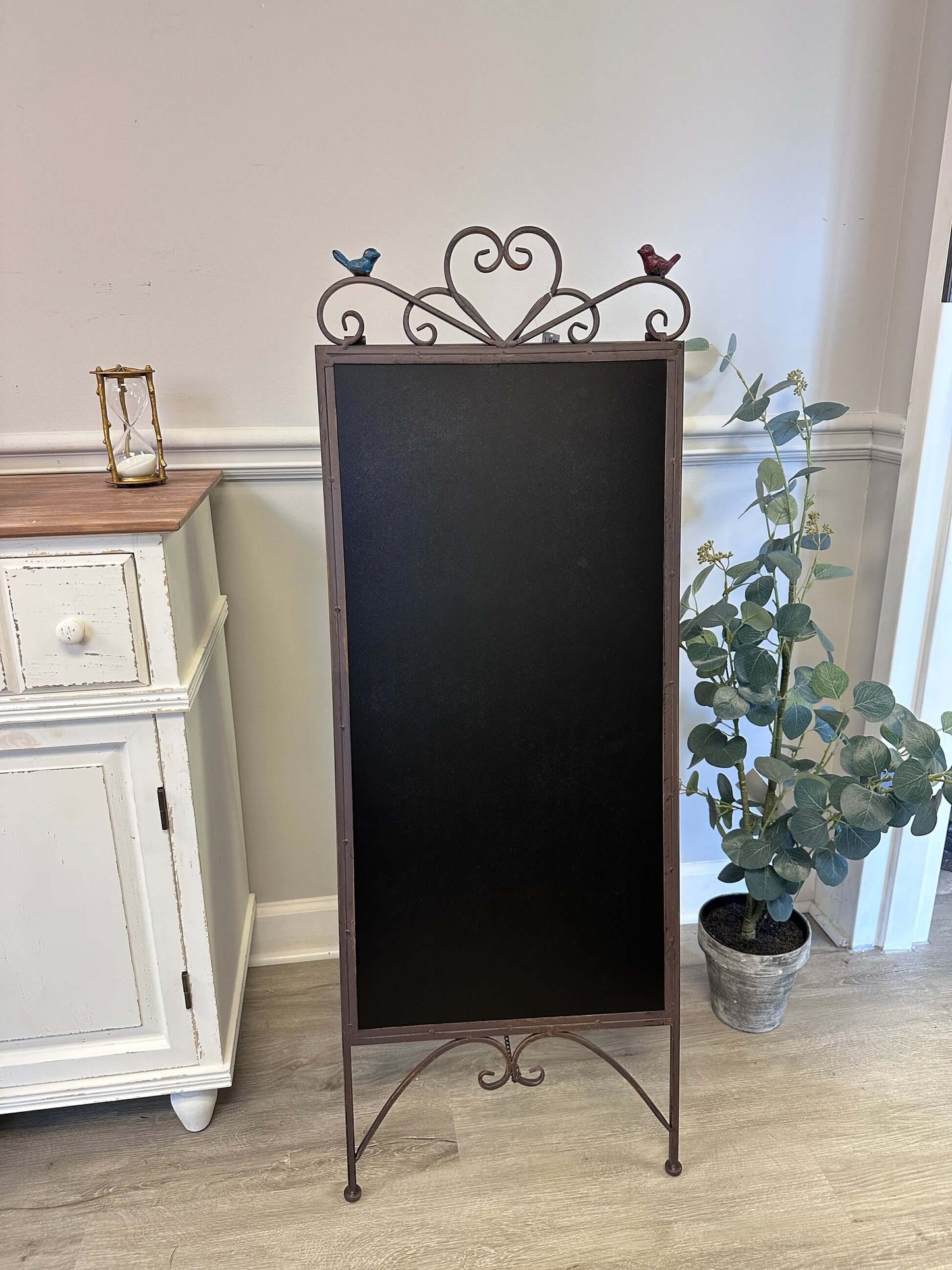 Antique Iron Chalkboard Easel with Heart Scroll and Birds