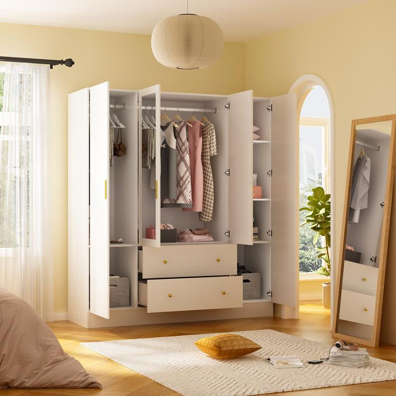 FUFU&GAGA Wardrobe Armoire with Mirror, 5-Tier Shelves, 2 Drawers, 2 Hanging Rods and 4 Doors, Wooden Closet Storage Cabinet for Bedroom