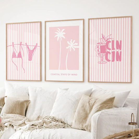 Preppy Coastal Girl Room Décor. Set of 3 Pink Summer Prints