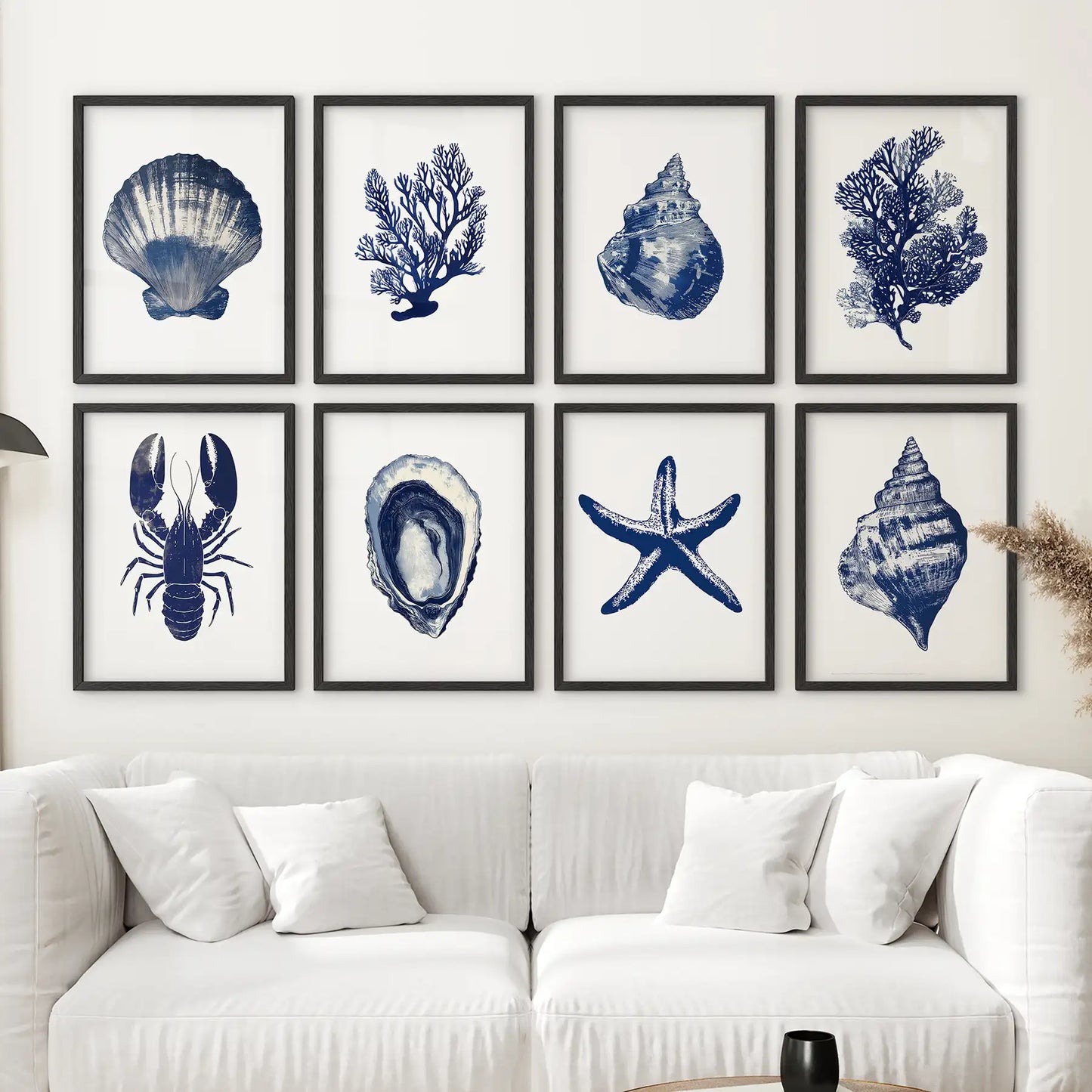 Set of 8 Nautical Prints. Starfish, Shell, Seaweed, Lobster