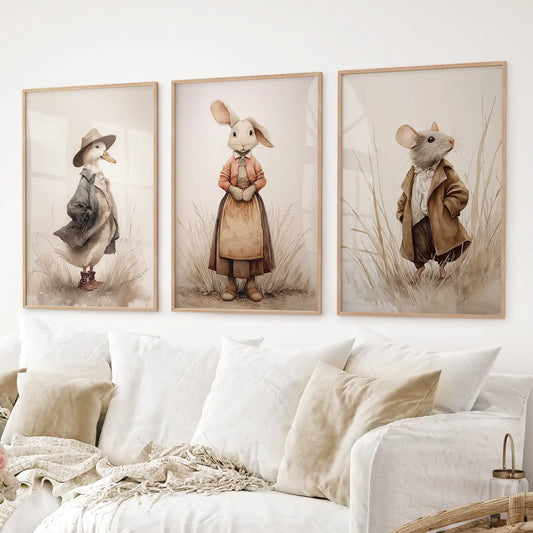 Whimsical Animal Wall Art. Dug & Mouse Set 3 Vintage Prints