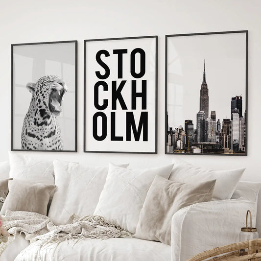 Black White Leopard & Stockholm. Fashion Wall Art Set of 3