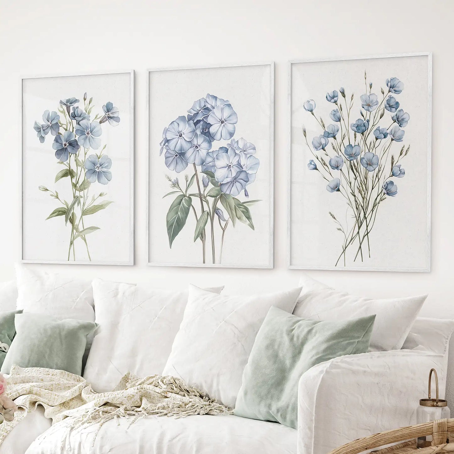 Watercolor Blue Flowers Wall Art. Set of 3 Prints
