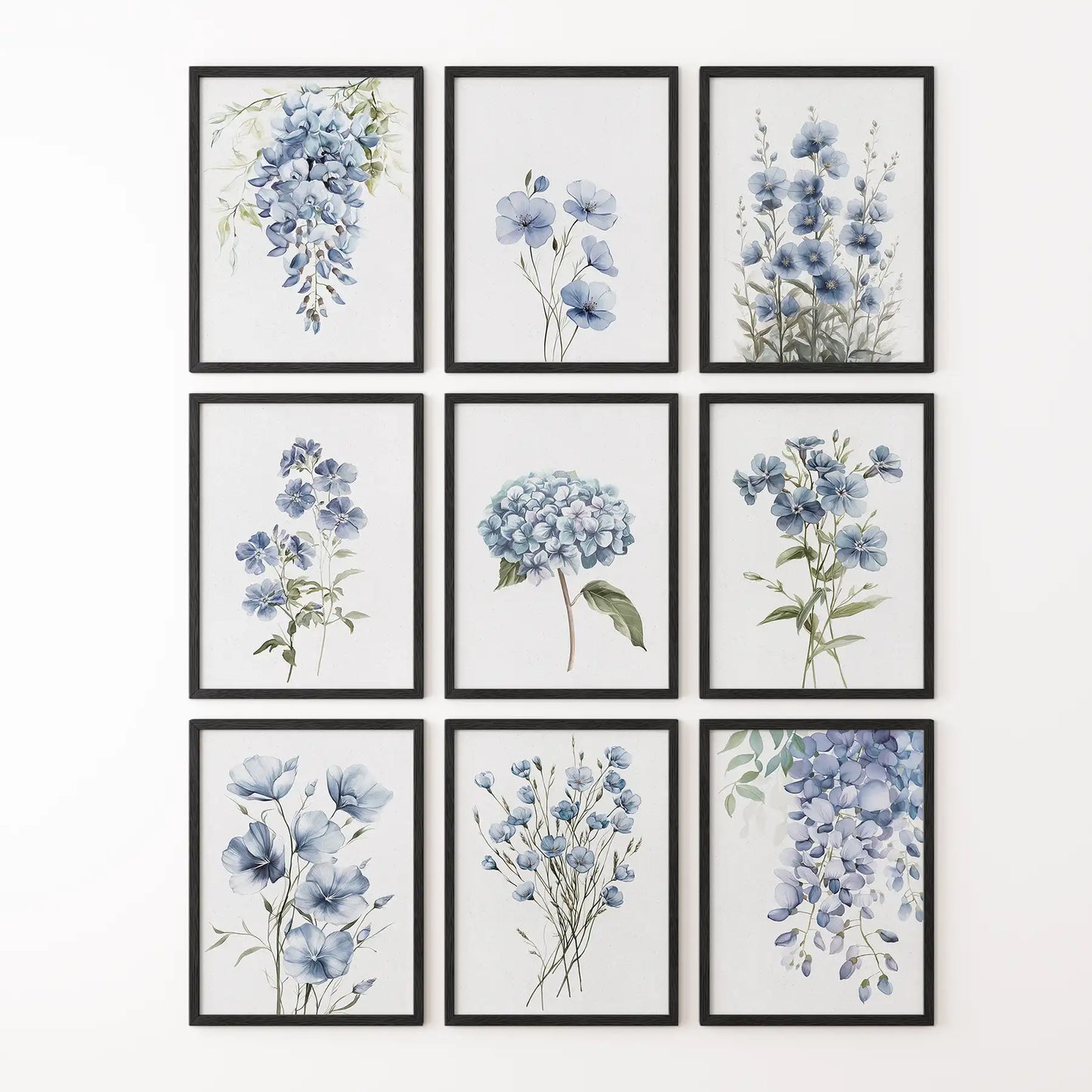 9 Piece Wall Art Decor. Blue Hydrangea Floral Posters