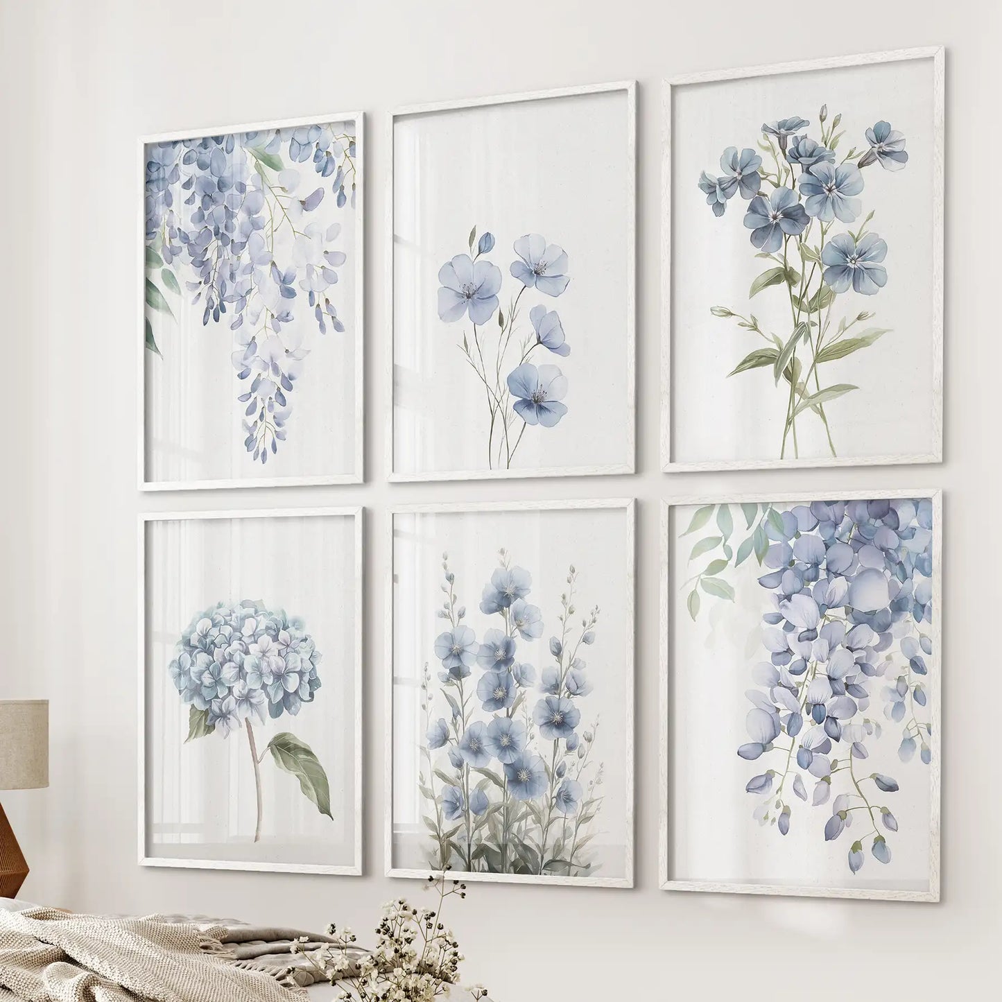 Wisteria, Flax, and Hydrangea Watercolor Art. 6 Piece Décor