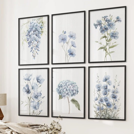 Blue Hydrangea, Wisteria, Flax Flowers Art. Set of 6 Prints