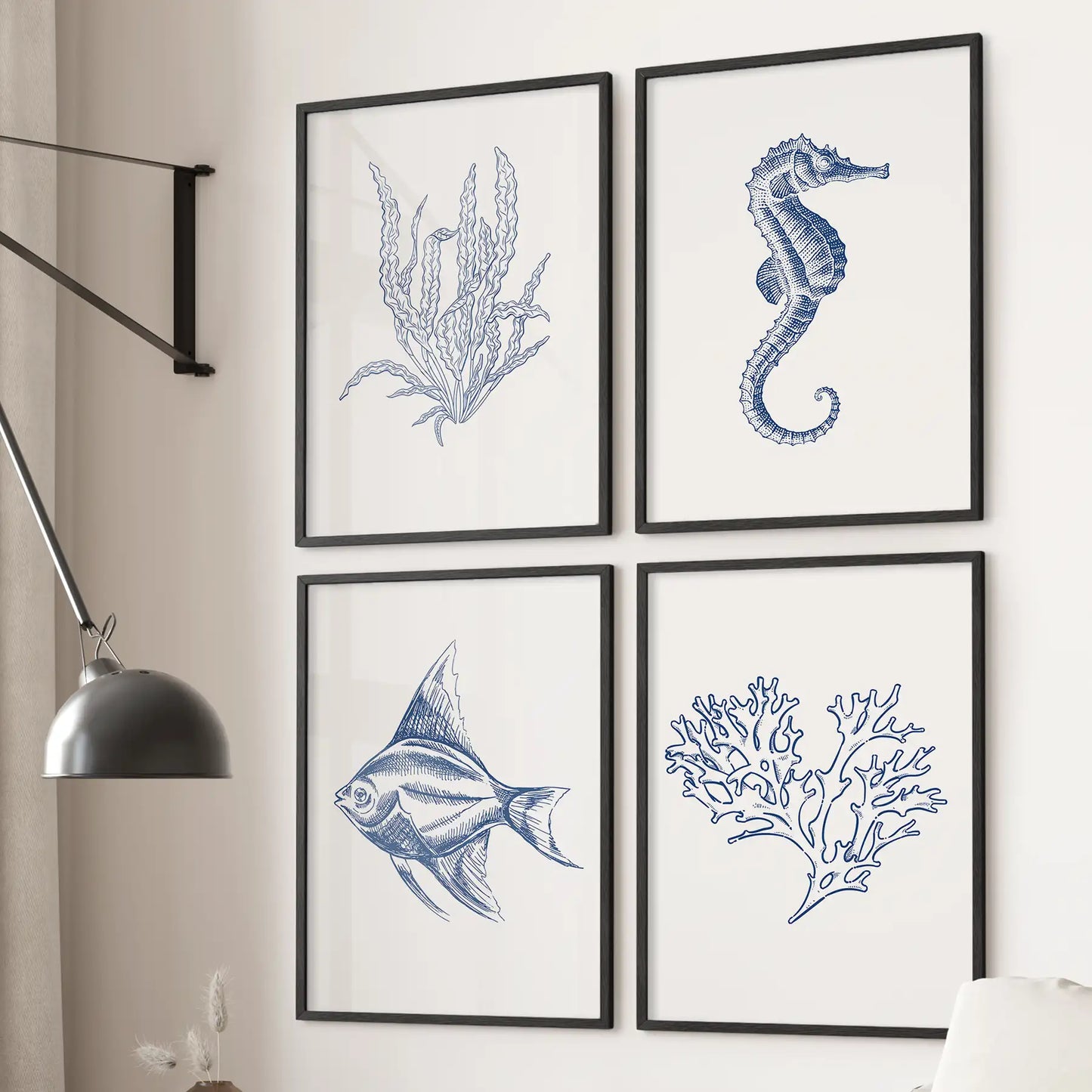 Seaweed, Seahorse, Fish, Coral Art. Set of 4 Coastal Prints