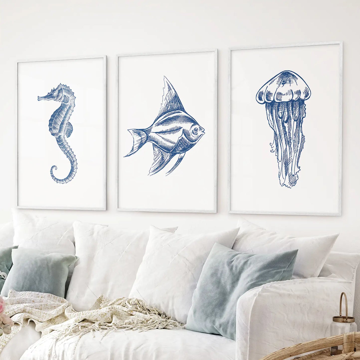 Sea Animal Posters. Seahorse, Fish, Jellyfish Art Print Set