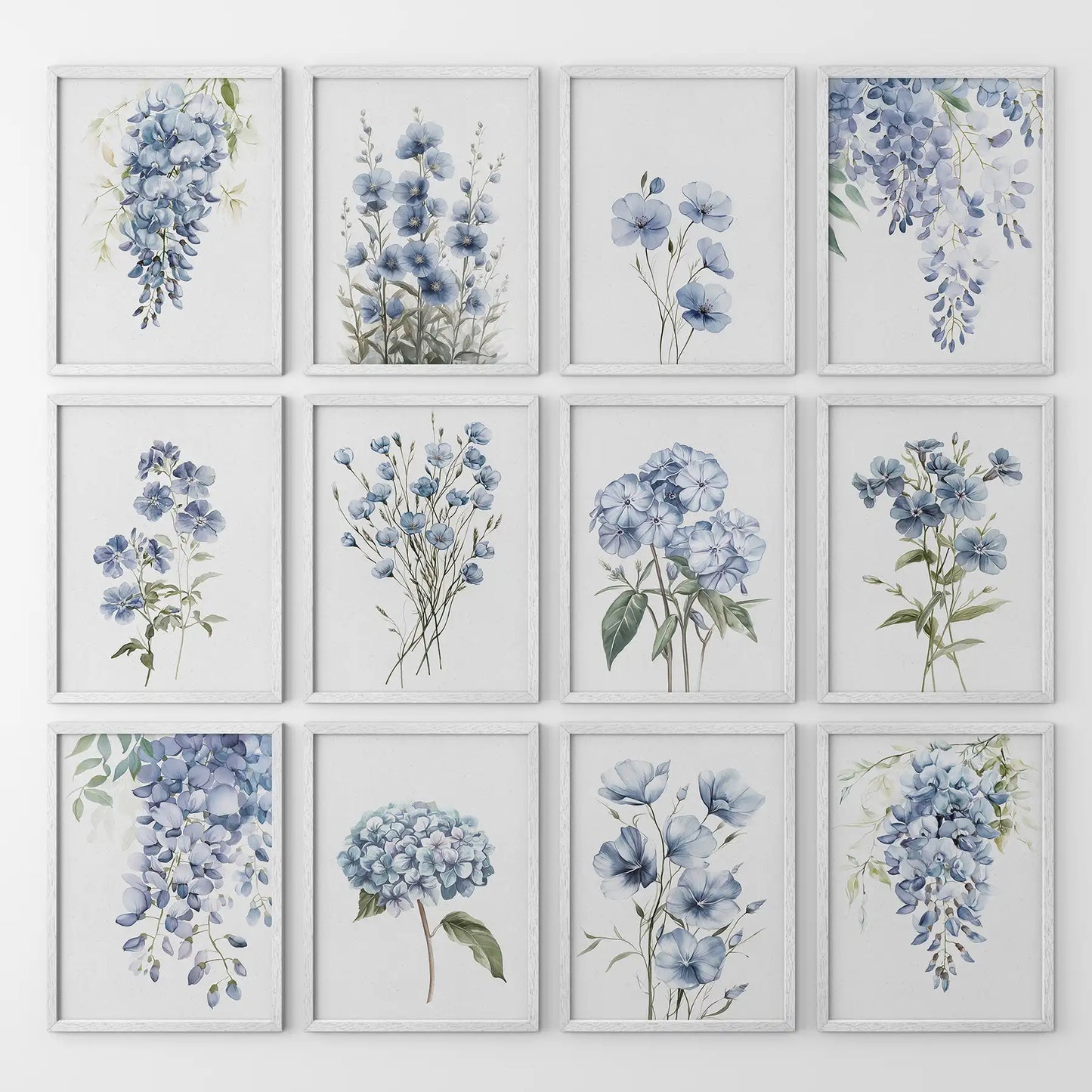 Set of 12 Watercolor Flowers Prints. Blue Hydrangea Wall Art