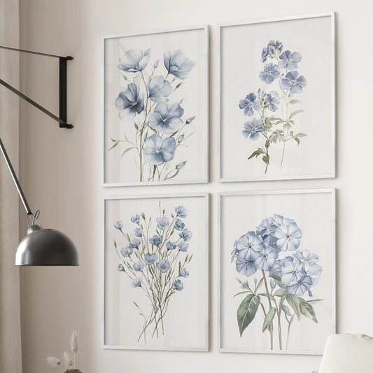 Blue Botanical Wall Art Set of 4 Prints. Flax, Phlox Flowers