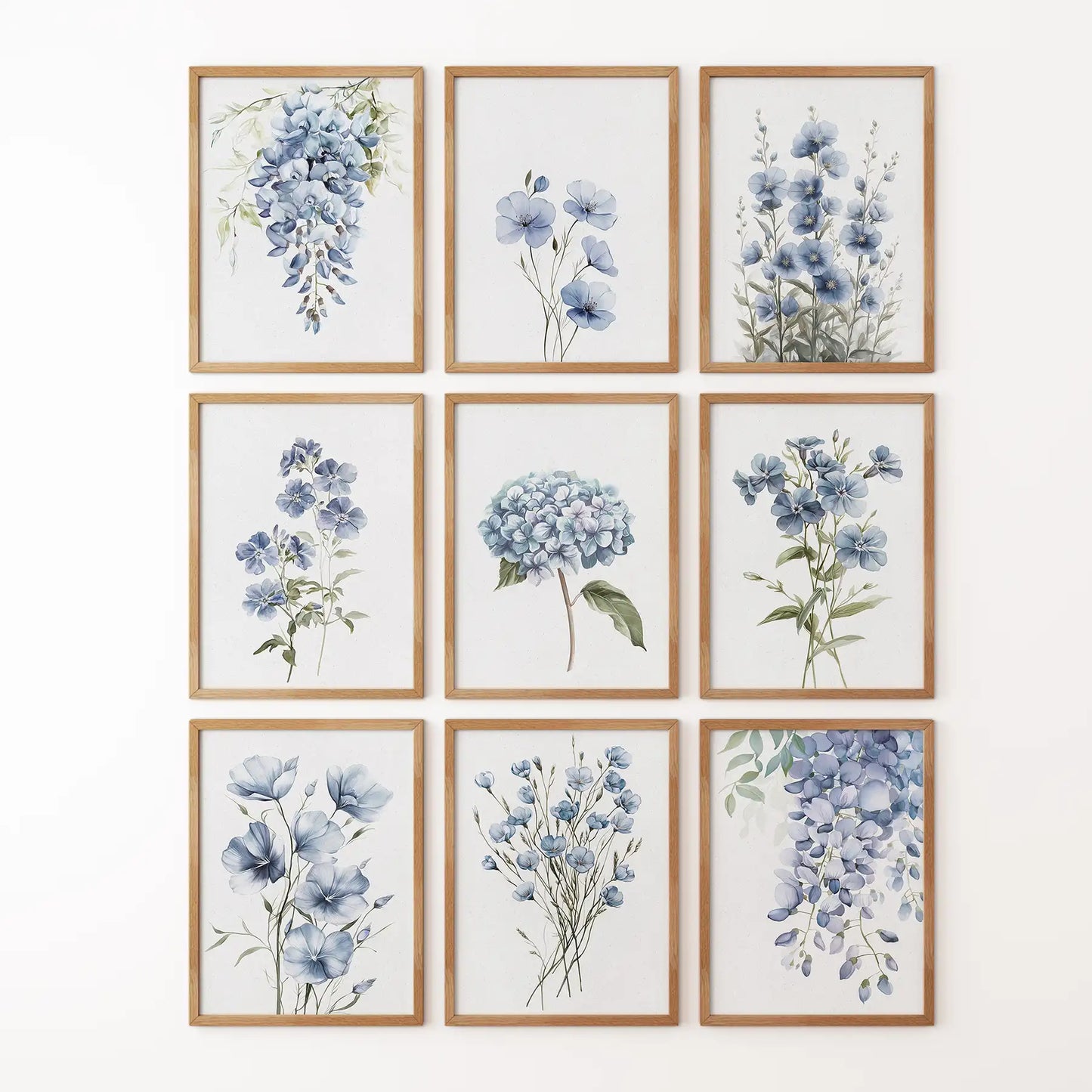 9 Piece Wall Art Decor. Blue Hydrangea Floral Posters