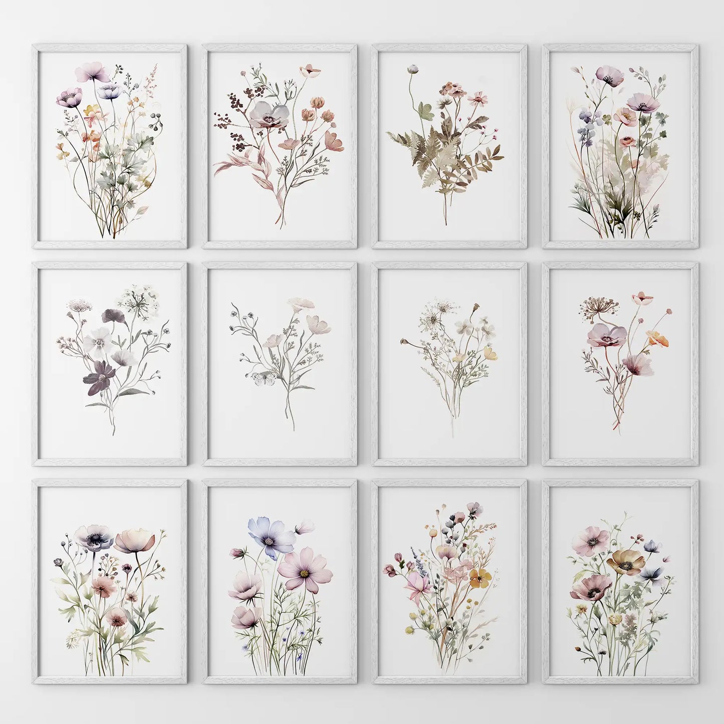 Neutral Wildflower Wall Art Set of 12. Botanical Prints