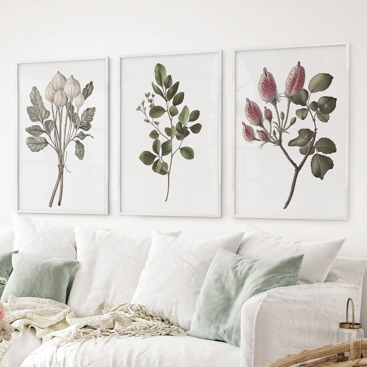 Rustic Botanical Print Set of 3. Vintage Flowers Wall Art