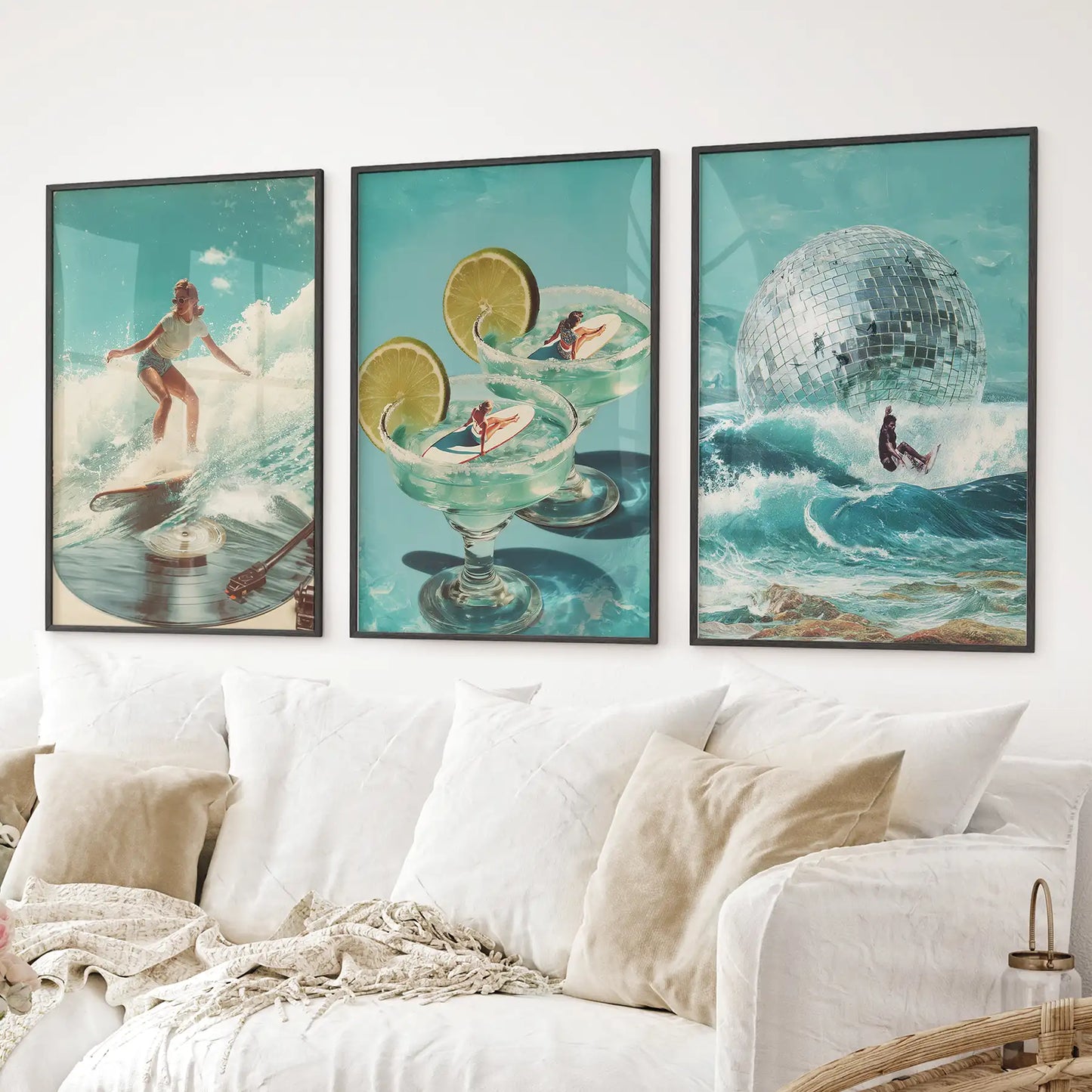 Retro Coastal Surfing Wall Art Set of 3. Surreal Blue Wave