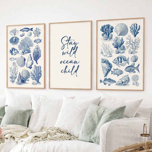 Coastal Sea Life Prints. Blue Sea Shells and Fish Print Set