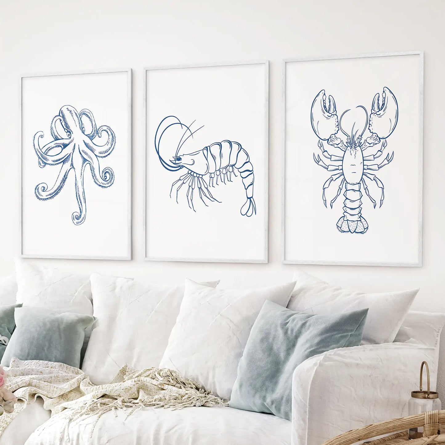 Octopus, Lobster, Crayfish Wall Art. Trendy Set of 3 Prints