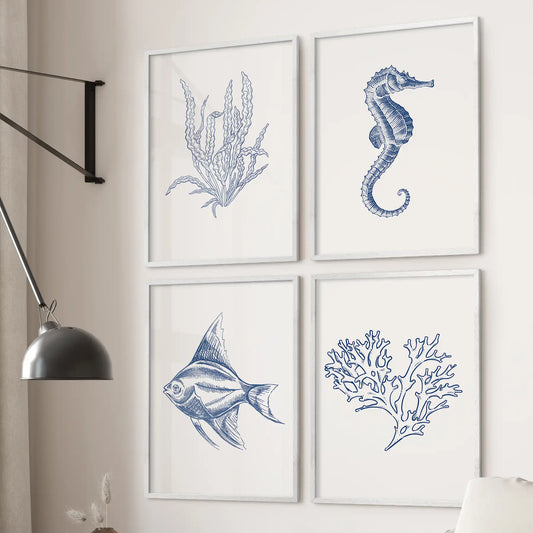 Seaweed, Seahorse, Fish, Coral Art. Set of 4 Coastal Prints