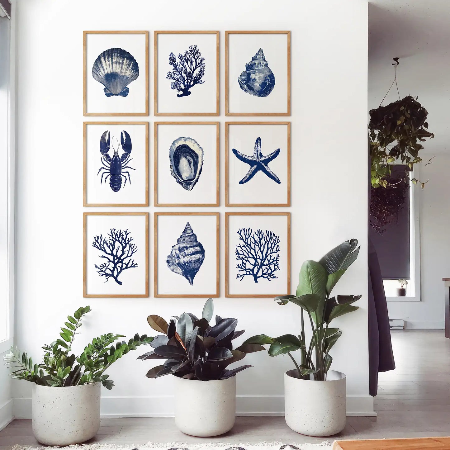 Set of 9 Coastal Prints. Lobster, Starfish, Seaweed, Shell