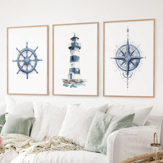 Navy Blue Nautical 3 Piece Art. Lighthouse, Compass Prints