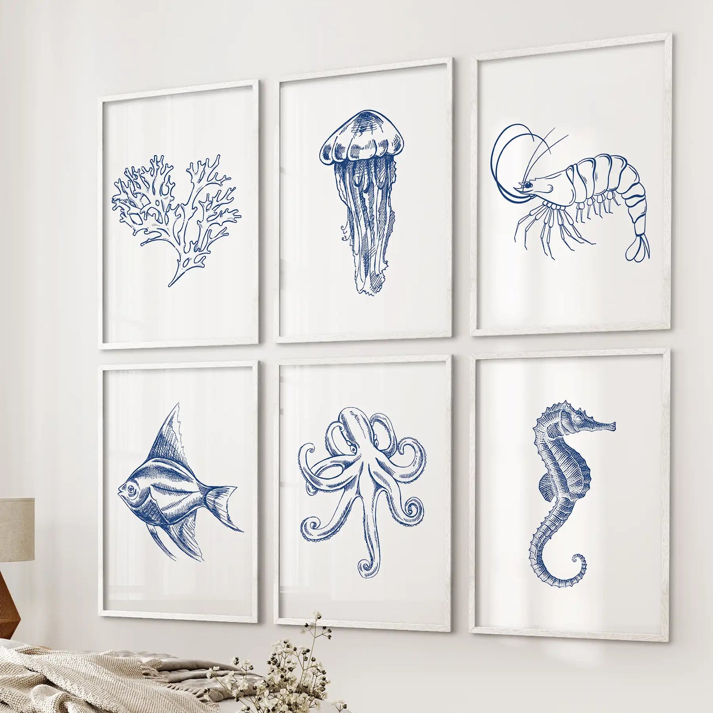 Jellyfish, Octopus, Fish Prints. Set of 6 Nautical Wall Art