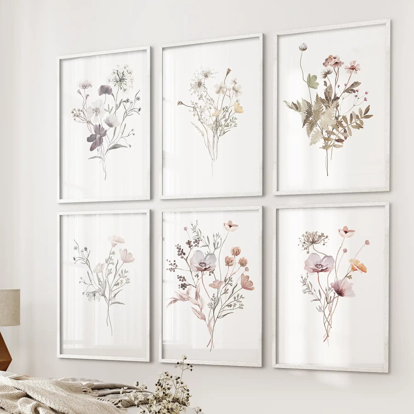 Floral Watercolor Prints. Set of 6 Botanical Wall Art for Bedroom or Living Room