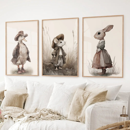 Vintage Animal Nursery Wall Art Set: Duck, Mouse, Rabbit