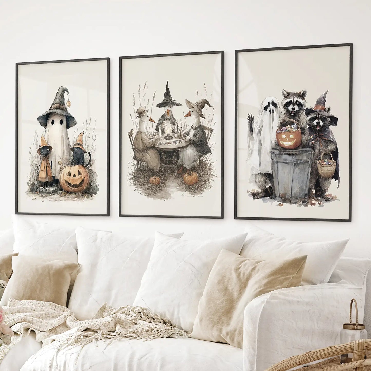 Halloween Set of 3 Wall Art. Ghost, Witch, Animals, Pumpkins