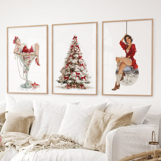 Glam Christmas Art. Pin Up Holiday Print Set of 3