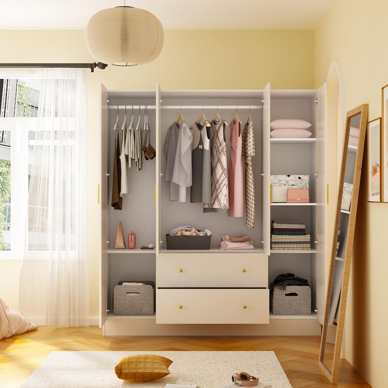 FUFU&GAGA Wardrobe Armoire with Mirror, 5-Tier Shelves, 2 Drawers, 2 Hanging Rods and 4 Doors, Wooden Closet Storage Cabinet for Bedroom