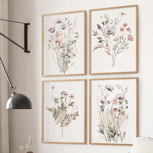 Watercolor Wildflower Print Set of 4 Pieces. Cottagecore Botanical Posters