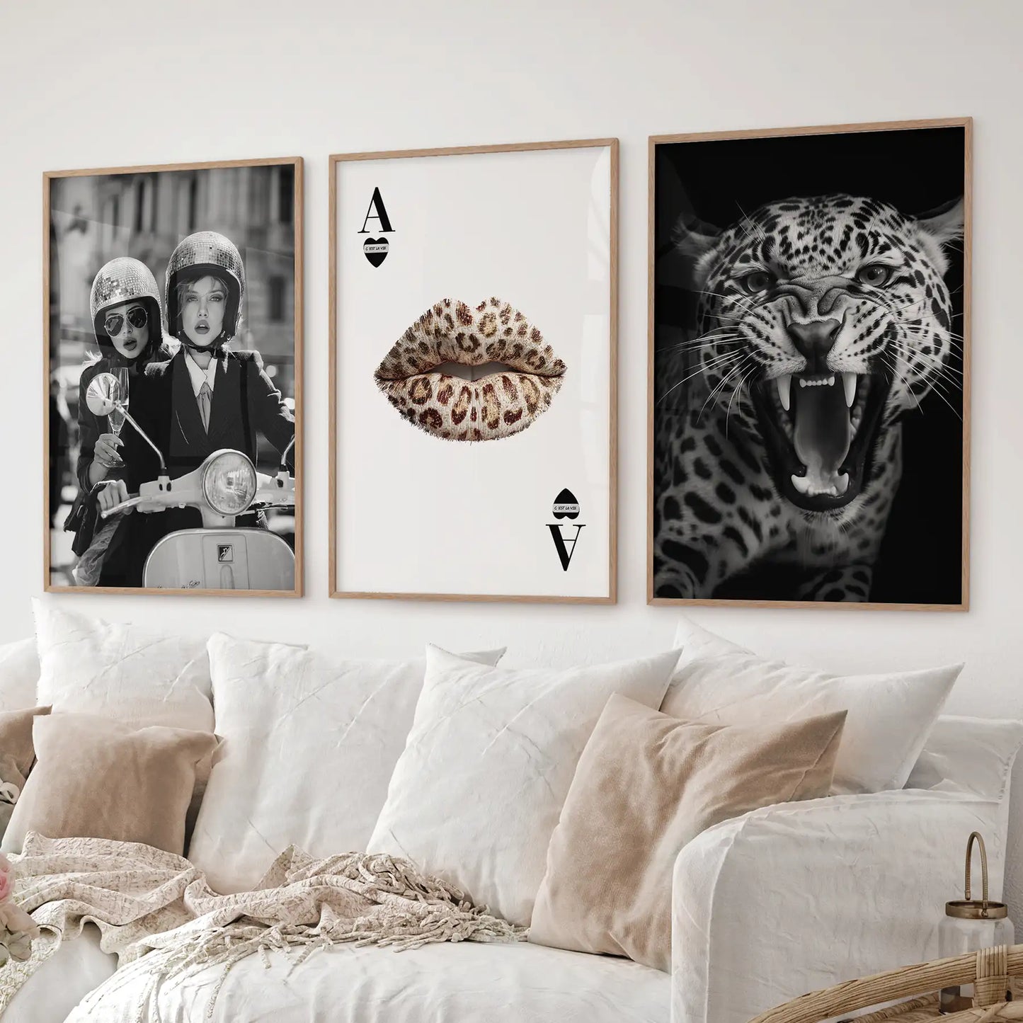 Black White Fashion Set of 3 Prints. Leopard, Lips, Scooter