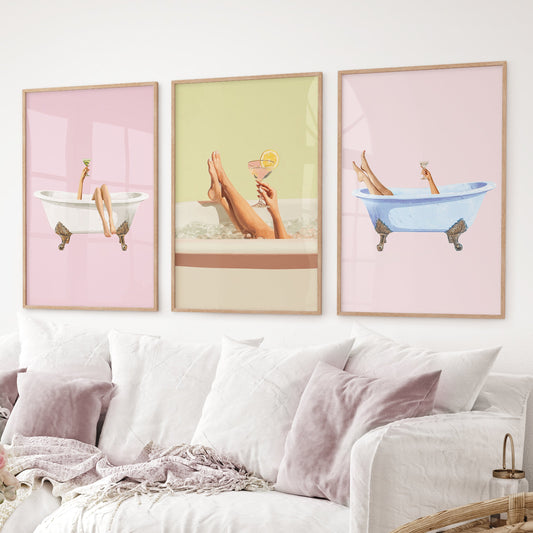 Relaxing Bathtub Prints with Cocktails. Set of 3 Prints